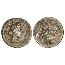 Denario. 82-81 a.C. ANNIA-3A. HISPANIA. C. Annius y Lucius Fabius. Rev.: Busto diademado de Anna Per