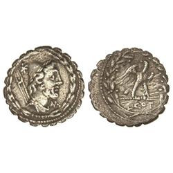 Denario. 105 a.C. AURELIA-21. Lucius Aurelius Cotta. Anv.: Busto de Vulcano a derecha, debajo del me