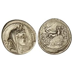 Denario. 104 a.C. FABIA-15. C. Fabius C. f. Hadrianus. Anv.: Cabeza de Cibeles a derecha, detrás let