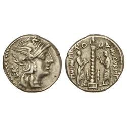 Denario. 134 a.C. MINUCIA-9. Ti. Minucius Augurinus. Rev.: Columna surmontada por una estatua, la ba