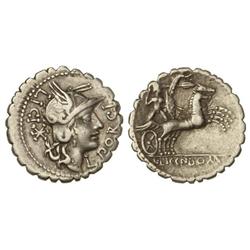 Denario. 118 a.C. PORCIA-8. Lucius Porcius Licinius. Rev.: L. LIC. CN. DOM. Roma a derecha en biga.