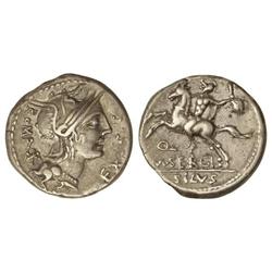 Denario. 116-115 a.C. SERGIA-1. M. Sergius Silus. Rev.: Jinete con espada a izquierda en el campo ca