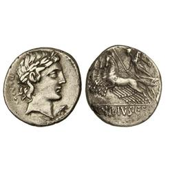 Denario. 90 a.C. VIBIA-3. C. Vibius C. f. Pansa. Anv.: Cabeza laureada de Apolo a derecha, debajo ba