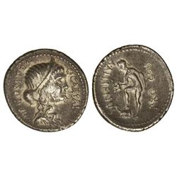 Denario. Acuñada el 46 a.C. JULIO CÉSAR. Aulus Allienus. Anv.: C. CAESAR IMP. COS. ITER. Cabeza diad