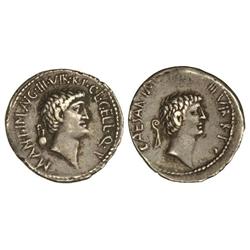 Denario. Acuñada el 41 a.C. MARCO ANTONIO y AUGUSTO. L. Gallius Publicola. Anv.: M. ANT. IMP. AVG. I