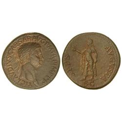 Sestercio. Acuñada el 41 d.C. CLAUDIO. Anv.: TI. CLAVDIVS CAESAR AVG. P. M. TR. P. IMP. P. P. Busto