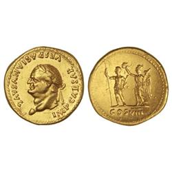 Áureo. Acuñada el 77-78 d.C. VESPASIANO. Anv.: IMP. CAESAR VESPASIANVS AVG. Cabeza laureada de Vespa