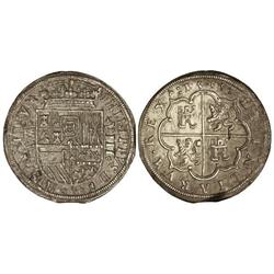 8 Reales. 1588/7. SEGOVIA. Fecha pequeña. HISPANIARVM. Acueducto de 6 arcos. Con adornos entre D y G
