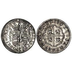8 Reales. 1718. SEVILLA. M. Armas de Borgoña con 3 flores de lis. (Rotura de cuño en anverso). Cal-9