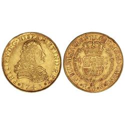 8 Escudos. 1743. MÉXICO. M.F. Parte de brillo original. (Leves rayitas de ajuste). MAGNÍFICO EJEMPLA