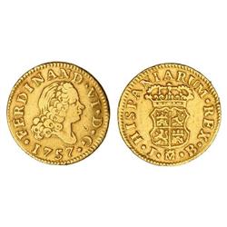 1/2 Escudo. 1757. MADRID: J.B. 1,80 grs. (Golpecito en anverso. Pequeña rayita en reverso). Cal-255.