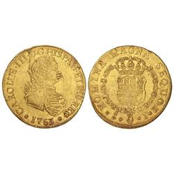 8 Escudos. 1763. SANTIAGO. J. (Hojas en anverso, golpecito en canto). Cal-206; XC-903. MBC+.