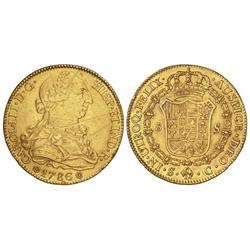 8 Escudos. 1786. SEVILLA. C. (Rayas en anverso y golpecitos en canto). ESCASA. Cal-260; XC-965. (MBC