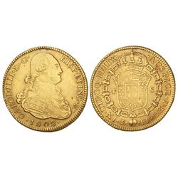 4 Escudos. 1802. POTOSÍ. P.P. Perforación reparada a las 12 horas, casi inapreciable. (Pulida). RARA