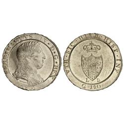 Piastra (120 Grana). 1805. NÁPOLES. L.D. Anv.: Busto grande drapeado. Rev.: Escudo pequeño. AR. El 1