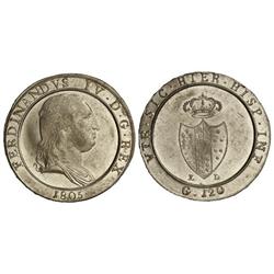 Piastra (120 Grana). 1805. FERNANDO DE DOS SICILIAS. NÁPLES. L.D. Anv.: Busto pequeño. Rev.: Escudo