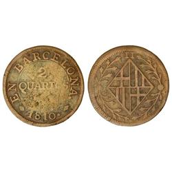 2 Cuartos. 1810. BARCELONA. Acuñación algo floja en anverso. RARA. Cal-89. MBC.