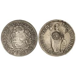 1 Peso. S/F. MANILA. Resello YII coronadas sobre 8 Reales 1834 LIMA M.M. (KM-142.3). Pátina. Cal-451