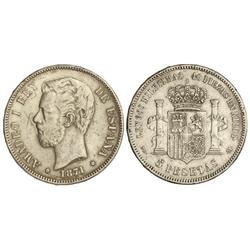 5 Pesetas. 1871 (*18-18). S.D.-M. (Golpecitos y dos rayitas). MBC-/MBC.