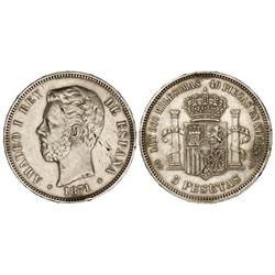 5 Pesetas. 1871 (*18-73). D.E.-M. (Golpecitos en canto y pequeñas hojitas en anverso). ESCASA. Cal-9