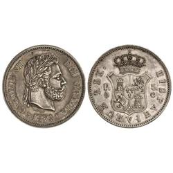 5 Pesetas. 1874. BRUSELAS. 24,57 grs. AR. Fecha en anverso. Canto liso. Cal-1. SC.