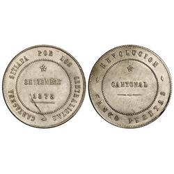 5 Pesetas. 1873. CARTAGENA. Anv.: 95 perlas. Rev.: 100 perlas. 28,99 grs. Anverso y reverso no coinc