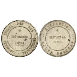 5 Pesetas. 1873. CARTAGENA. Anv.: 90 perlas. Rev.: 86 perlas. 28,5 grs. No coincidente. Tipo moneda.