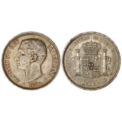 5 Pesetas. 1875 (*18-75). D.E.-M. Restos de brillo original. Bella pátina. Defecto de acuñación en g