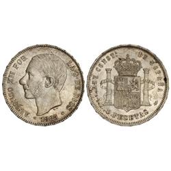 5 Pesetas. 1883 (*18-83). M.S.-M. Pátina y brillo originales. (Manchitas en reverso). EBC+.