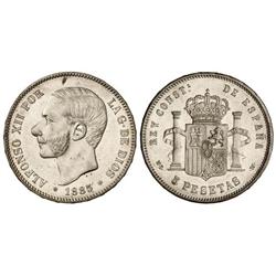 5 Pesetas. 1885 (*18-87). MS-M. Restos de brillo. ( Manchitas en anverso). EBC.
