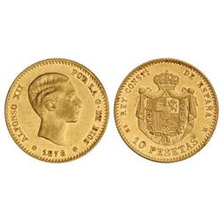 10 Pesetas. 1878 (*18-78). E.M.-M. Pequeños sobrante de metal en gráfila del reverso. EBC-.