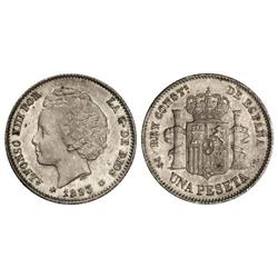1 Peseta. 1893 (*18-93). P.G.-L. Pátina y brillo originales. (Leves rayitas). EBC+.
