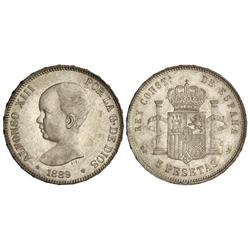 5 Pesetas. 1889 (*18-89). M.P.-M. Pleno brillo original y bella pátina de monetario. (Leve rayita en