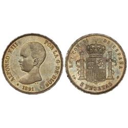 5 Pesetas. 1891 (*18-91). P.G.-M. Brillo original. Bella pátina. (Golpes en gráfila del reverso. Ray