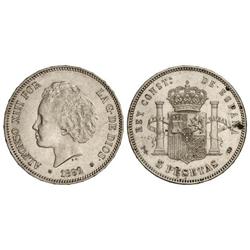 5 Pesetas. 1892 (*18-92). PG-M. Tipo ´bucles´. (Manchitas en reverso). EBC.