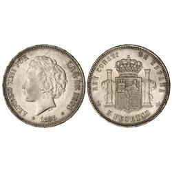 5 Pesetas. 1893 (*18-93). P.G.-L. Pátina. Restos de brillo original. (Levísimos golpecitos en gráfil