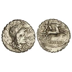 Denario. 118 a.C. POMPONIA-7. L. Pomponius Cn. f. Rev.: Guerrero Bituito con escudo y carnyx en biga