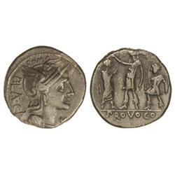 Denario. 110-109 a.C. PORCIA-4. P. Porcius Laeca. Rev.: Soldado romano levantando la mano por encima