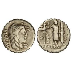 Denario. Acuñada el 81 a.C. POSTUMIA-8. A. Postumius A. f. Sp. n. Albinus. Anv.: Cabeza velada de Hi