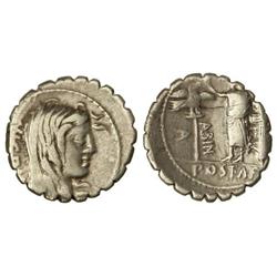 Denario. 81 a.C. POSTUMIA-8. A. Postumius A., f. Sp. n. Albinus. Rev.: Personaje togado de pie a izq