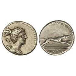 Denario. 74 a.C. POSTUMIA-9a. C. Postumis at. Rev.: C. POSTVMI. Perro a derecha. 3,80 grs. Cal-1218;