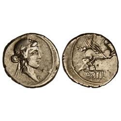 Denario. 90 a.C. TITIA-2. Q. Titius. Anv.: Cabeza de Baco joven a derecha. Cal-1302; FFC-1143. MBC.