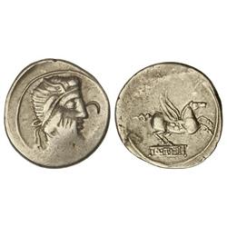 Denario. 90 a.C. TITIA-2. Q. Titius. Anv.: Cabeza del dios Mutinus Titinus a derecha. 3,60 grs. Marc