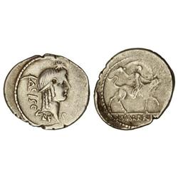 Denario. 45 a.C. VALERIA. L. Valerius Acisculus. Rev.: Valeria Luperca sobre una ternera a derecha.