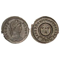 Follis 19 mm. Acuñada el 323-324 d.C. CRISPO. Rev.: CAESARVM NOSTRORVM S T R-C. VOT. X dentro corona