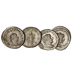 Lote 4 Antoninianos. GORDIANO III (2), FILIPO I y II. AR. Todos diferentes. A EXAMINAR. MBC+ a EBC.