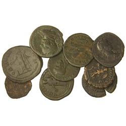 Lote 11 monedas grecoromanas. HELIOGÁBALO, ALEJANDRO SEVERO, CARACALLA y MACRINO. AE. A EXAMINAR. BC