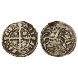 Dinero. ALFONSO IX. ¿CIUDAD RODRIGO?. Anv.: Cruz floreada y veneras en los cuarteles. Rev.: León a d