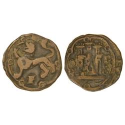 2 Maravedís. SANTO DOMINGO. F debajo del león. Castrillo entre S-P. RARA. Cal-75. MBC-.