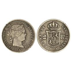 2 Reales. 1857. BARCELONA. (Pequeña grieta en canto. Rayita en anverso). Cal-347. MBC.